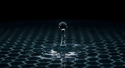 Water droplet suspended over mirror with an etched molecule lattice.