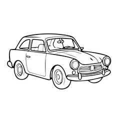 Obraz premium Vintage car outline in a black and white coloring page. Simple illustration of a classic car, stationary and facing forward, for coloring activities.