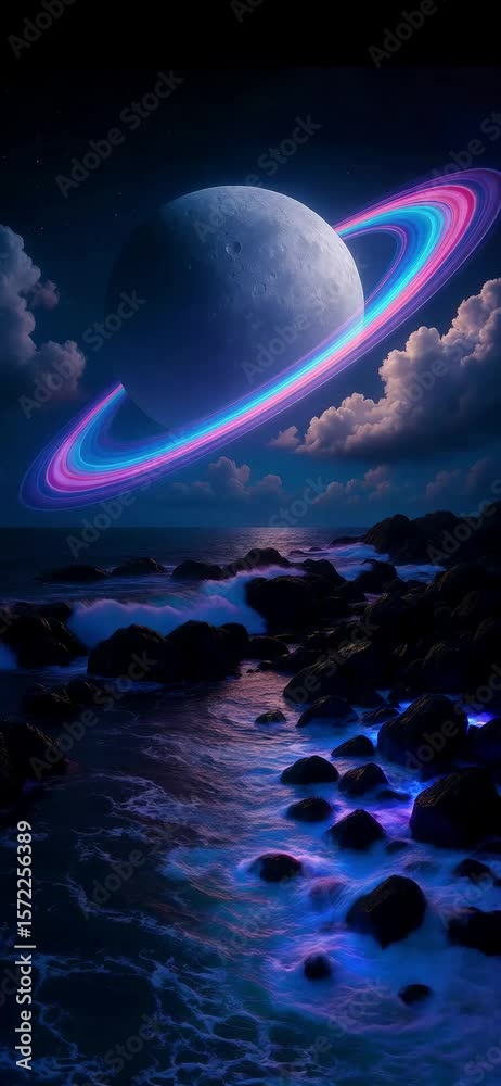 Canvas Prints ringed planet above the ocean- space background