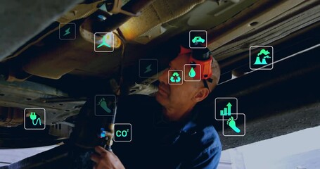 Automotive tech opening gas valve under car and cutting exhaust pipe to display emissions metrics - Powered by Adobe