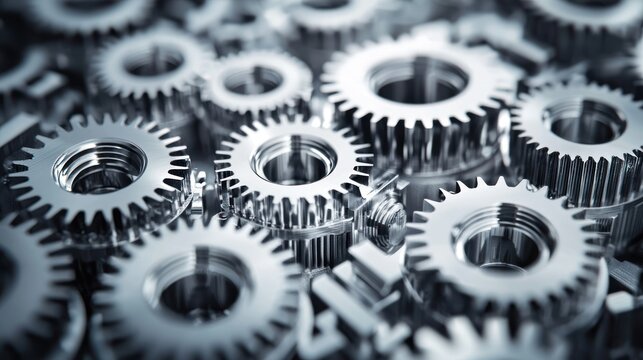 A close-up of a mechanical gear assembly with a metallic sheen, featuring a variety of gears in different sizes and orientations