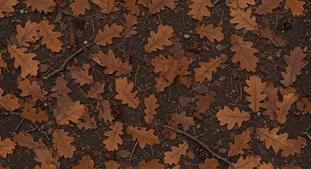 Overhead view of forest ground with scattered brown oak leaves pine needles twigs and small cones on dark soil