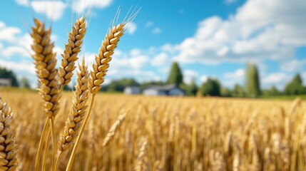 Warm sunlight illuminating a wide stretch of golden wheat in a peaceful farming landscape.