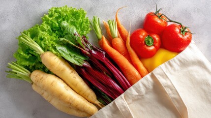 Sustainable consumption habitsUrban Design. Fresh vegetables in a reusable bag on a textured surface.