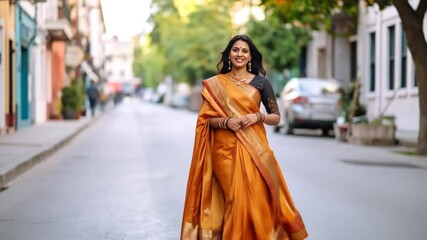 Woman In Orange Silk Saree Walking On City Street - Powered by Adobe