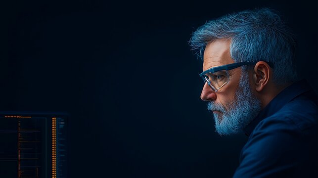 Senior Programmer Working on Computer with Safety Glasses - Powered by Adobe