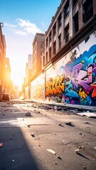 Naklejka premium Urban alley with vibrant graffiti art and debris image