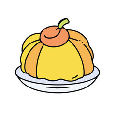Pumpkin pie on a plate, a decorative illustration. A simple, colorful illustration of a pumpkin pie, in an easily identifiable, cartoonish style, with a light blue plate underneath.