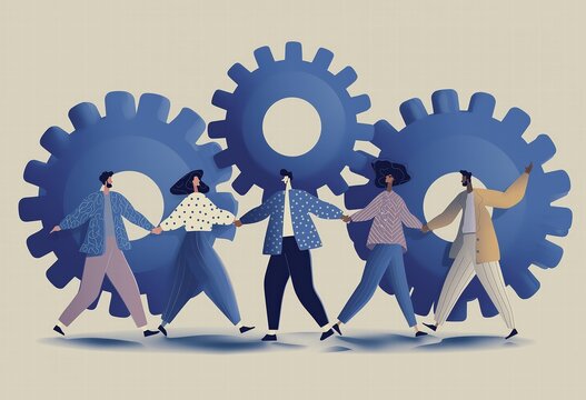 Five professionals interlocked as blue gear mechanism, smiling figures holding hands in flat vector art on light beige background, team collaboration concept for corporate training materials