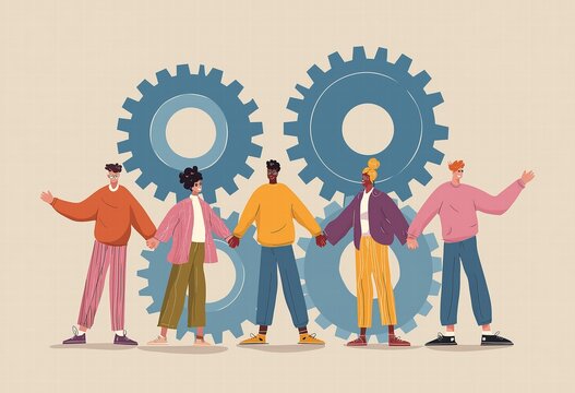 Five professionals interlocked as blue gear mechanism, smiling figures holding hands in flat vector art on light beige background, team collaboration concept for corporate training materials