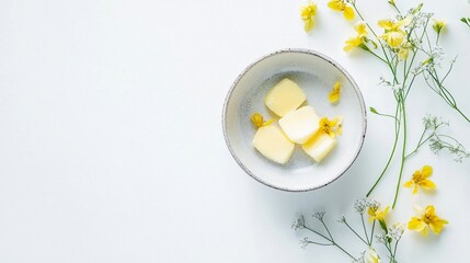 Slices of butter on a bowl on white background.