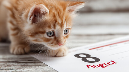 Curious kitten looking at calendar with August 8 date marked, International Cat Day concept.