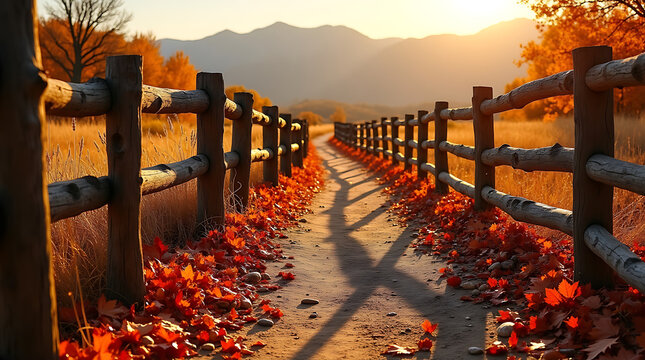 Winding Autumn Path with Leaves, Stones, and Footprints Toward Mountains, AI-generated