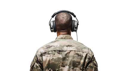 An African American soldier with headphones stands isolated on transparent background, providing a strong focus on military and audio themes.