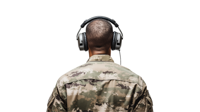 An African American soldier with headphones stands  isolated on transparent background, providing a strong focus on military and audio themes.