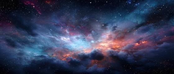 A colorful cosmic nebula stretches across deep space, with bright stars scattered against a dramatic, swirling cloud backdrop