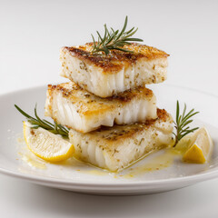 Stack of Pan-Seared Cod with Lemon and Rosemary