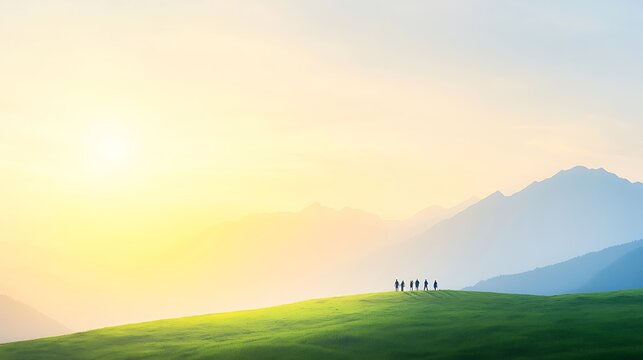 Hikers Silhouetted on Hill at Sunrise