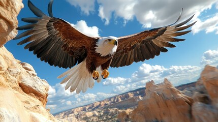 Powerful eagle soars high above a rugged canyon, its wings spread wide against the blue sky.