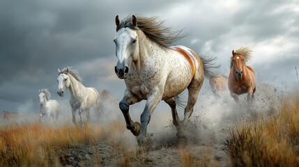 Wild horses gallop across rough terrain, full of boundless energy and life.
