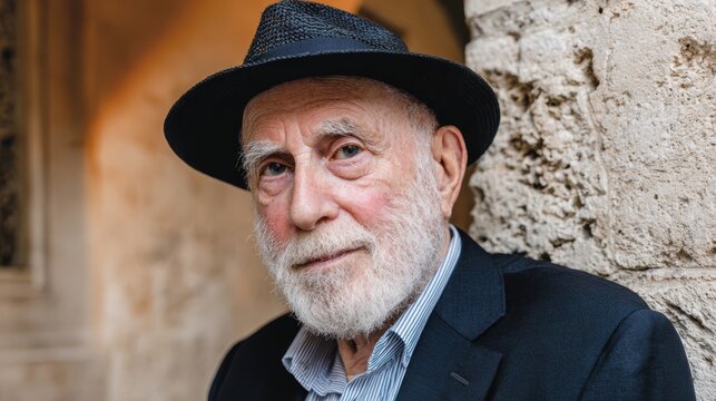 Elderly man with a white beard wearing a black hat and suit, leaning against a textured stone wall outdoors