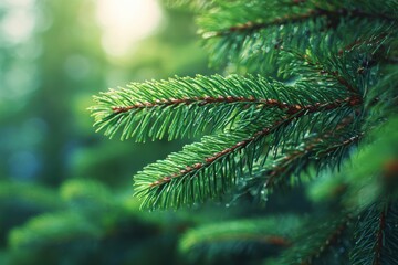 Close-up of lush green pine needles on a branch, with soft natural sunlight and a blurred forest background