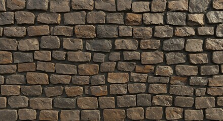 Obraz premium Rough stone wall with irregular brown and gray blocks and dark mortar lines creating a textured surface