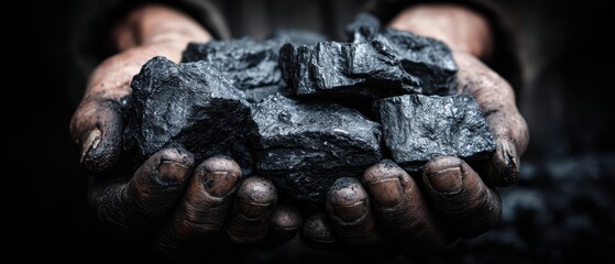 Rough, dirty hands holding large black chunks of coal, highlighting mining and natural resources