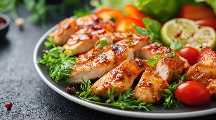 A plate of grilled chicken breast with vegetables and a side of salad on a dark rustic table.