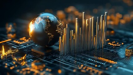 A futuristic digital landscape featuring a glowing globe and data visualizations on a circuit board - Powered by Adobe