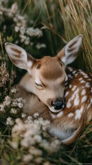 Obraz premium Sleepy fawn nestled in wildflowers and tall grasses.