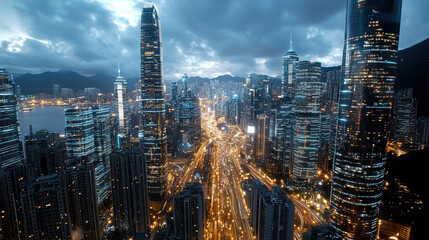 Fototapeta premium Vibrant city skyline illuminated at night, showcasing towering skyscrapers and bustling streets
