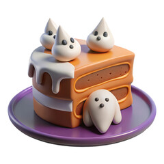 Cute halloween ghost cake with white icing and orange frosting isolated on transparent background