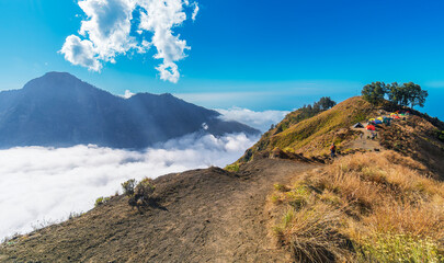 Tents at the Pelawangan, Sembalun,  Mount Rinjani or Gunung Rinjani. The mount Rinjani is an active...