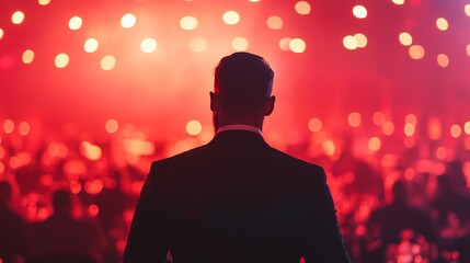 Speaker on Stage with Red Bokeh Lights and Audience