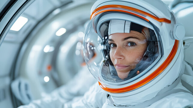 Astronaut in space suit, focused expression, futuristic environment, training session