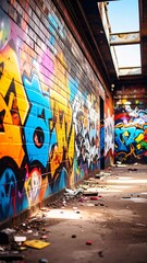 Vibrant graffiti art adorns weathered brick wall in urban alleyway urban art street art