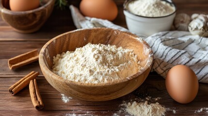 A wooden bowl filled with flour, cinnamon sticks, and eggs on a wooden table with a white and blue striped cloth.
