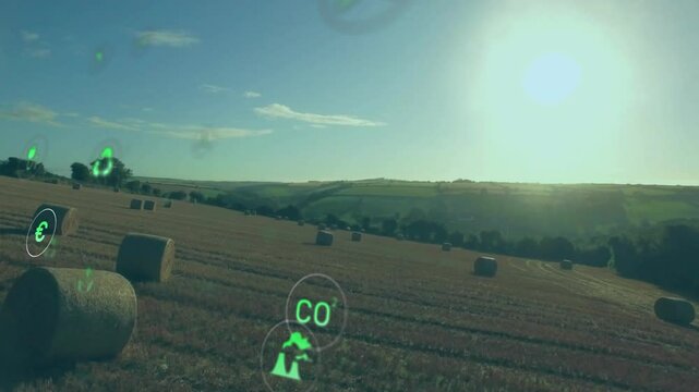Opening drone sweeping rightward over wheat field fading green icons showing sustainability metrics