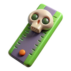 Stylized 3d rendering of a cartoon skull with green eyes and teeth on a purple and green ruler isolated on transparent background
