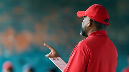 African American baseball coach gives direction on the field.