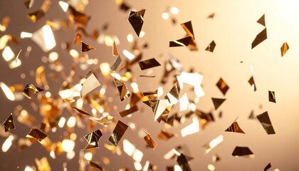 Gold confetti in mid-air against a muted beige background