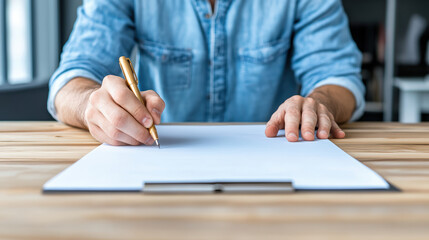 Focused student writes notes on blank sheet of paper with pen in bright environment