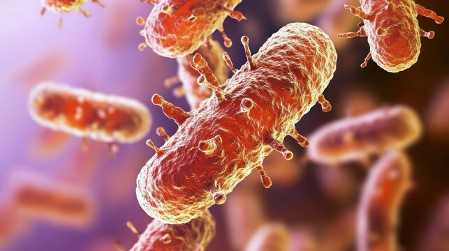 A group of bacteria floating in a liquid medium with a blurred background.