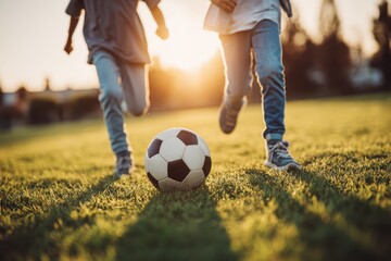 Fototapeta premium Two kids playing soccer on a grassy field at sunset, focusing on their legs and the ball in motion