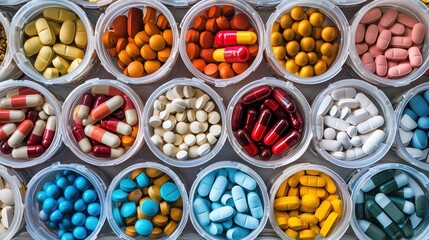 A colorful assortment of pills and capsules in various colors and sizes, neatly arranged in transparent containers.
