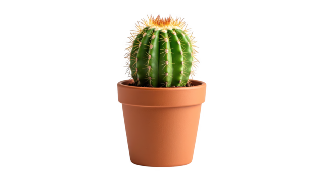 Small cactus in terracotta pot isolated on transparent background
