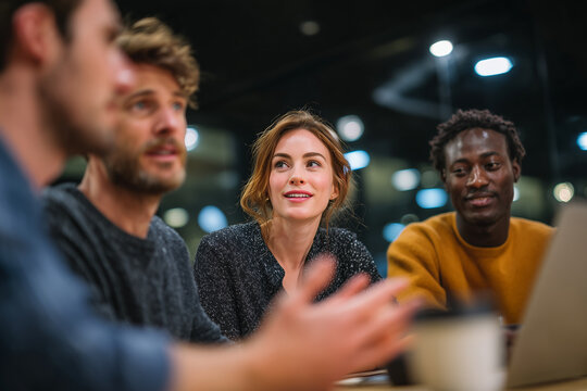 a wide-angle shot of a creative team in a modern office, mid-conversation with expressive hand gestures, laptops and coffee mugs on the table, warm ceiling light and a dynamic coll
