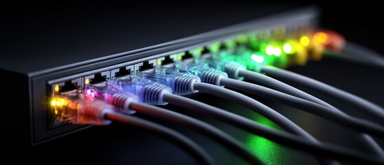 Network switch with multiple Ethernet cables connected, all illuminated by colorful LED status lights in a dark setting