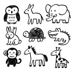 Kids Crayon Animal Doodle Collection – Hand Drawn Childlike Style – Transparent Background